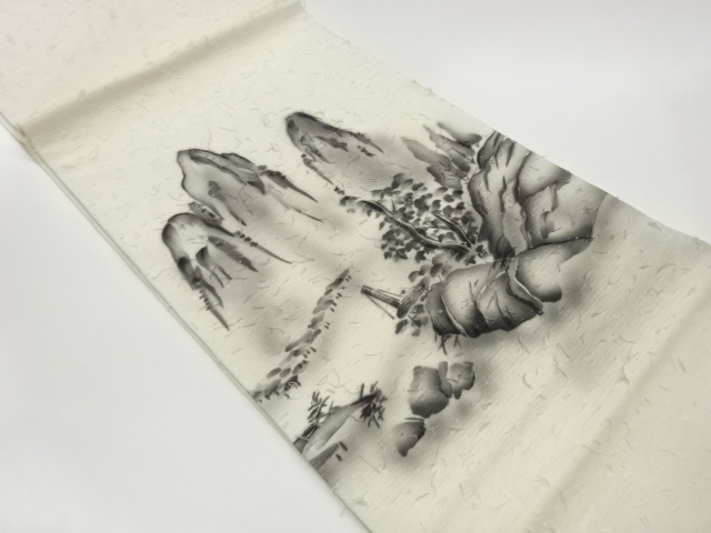 作家物　ひげ紬手描き山岳に木々模様開き名古屋帯（額縁仕立て）